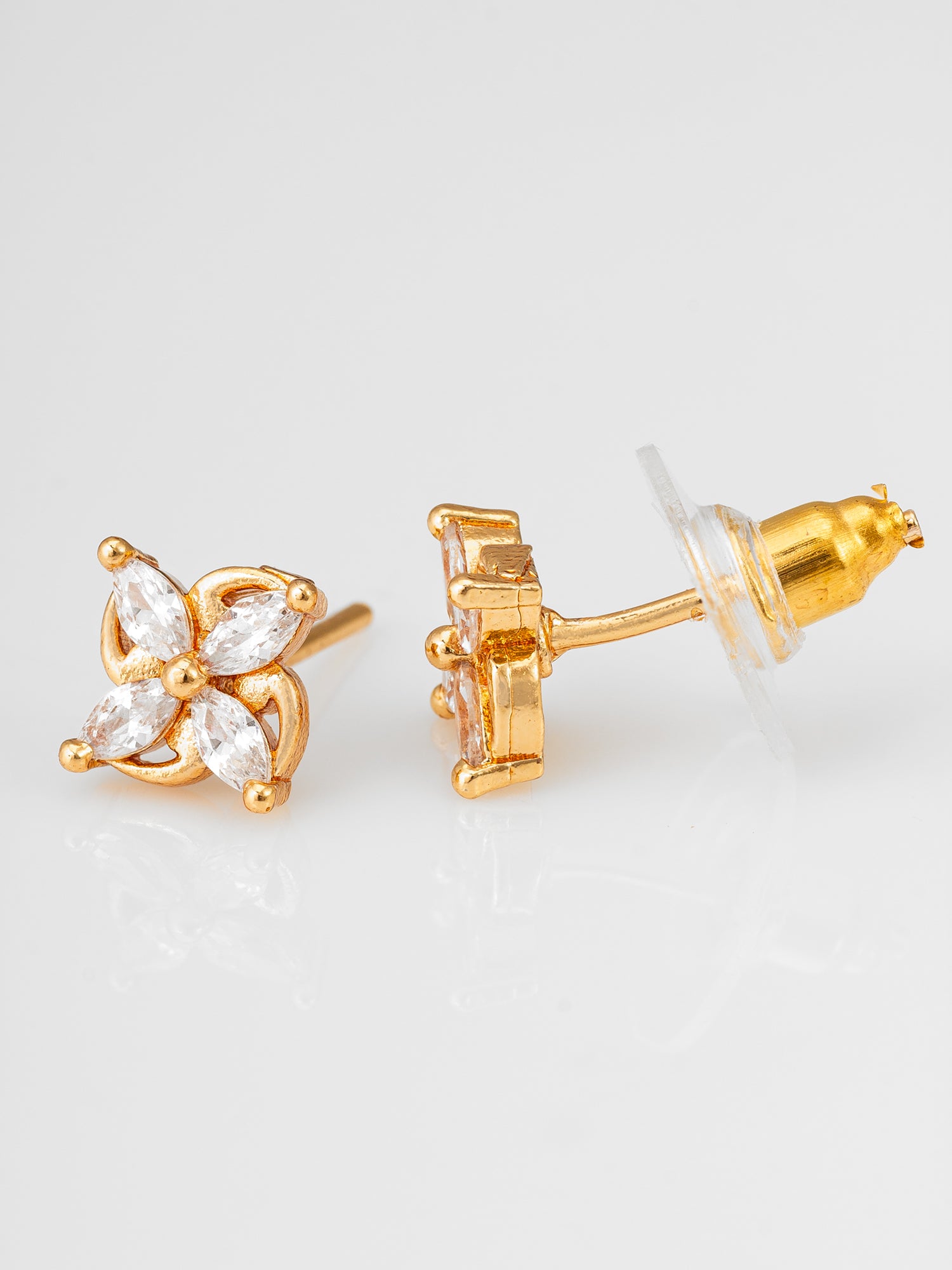 Aadita Gold Plated Floral Marquise American Diamond Stud Earrings