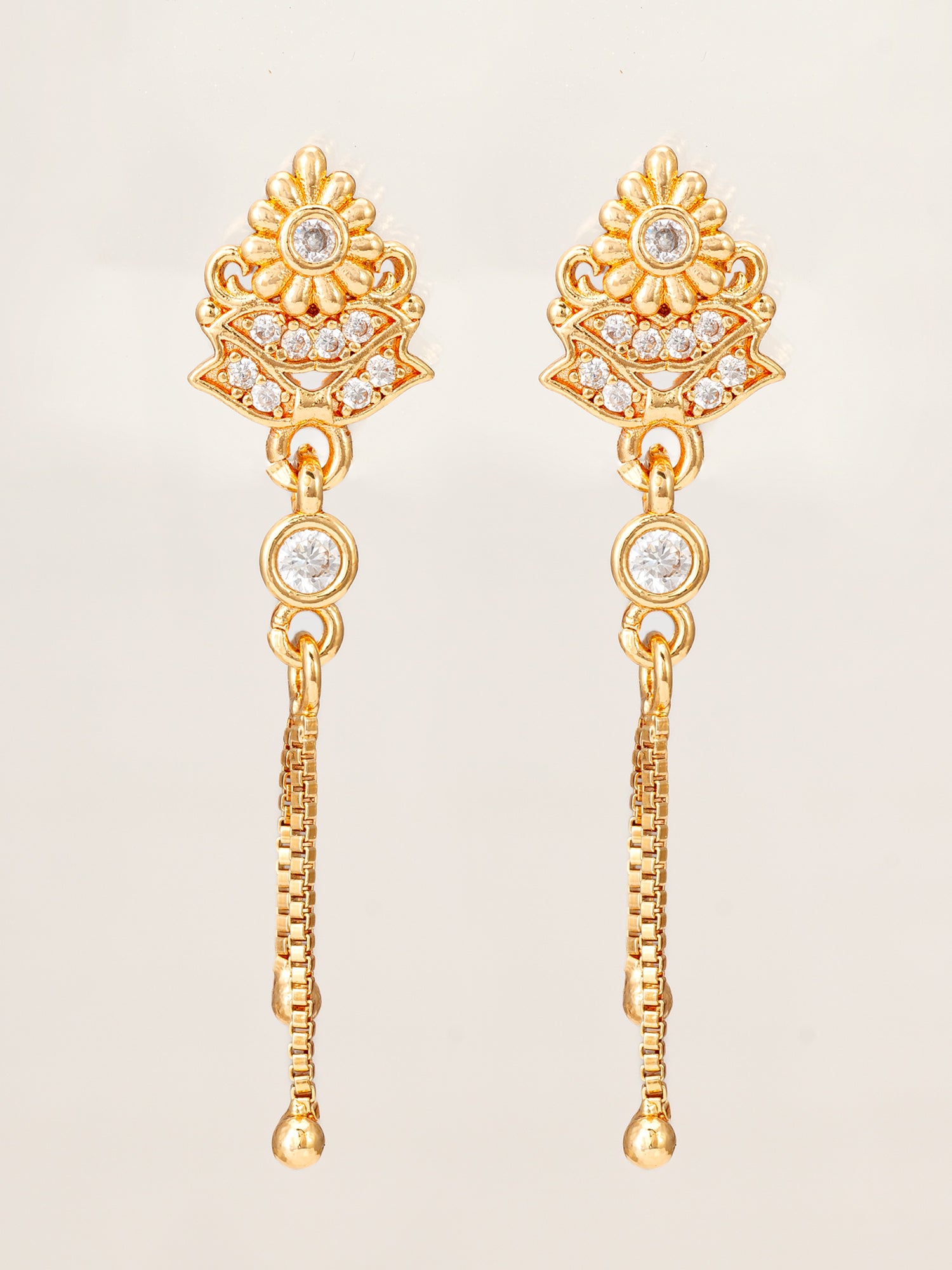 Aadita Traditional Gold Plated Patterned Drop Earrings with Hanging Chains