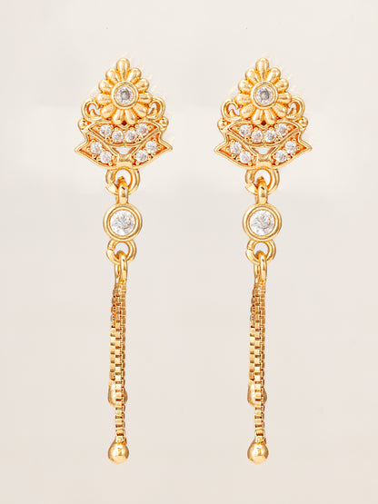 Aadita Traditional Gold Plated Patterned Drop Earrings with Hanging Chains