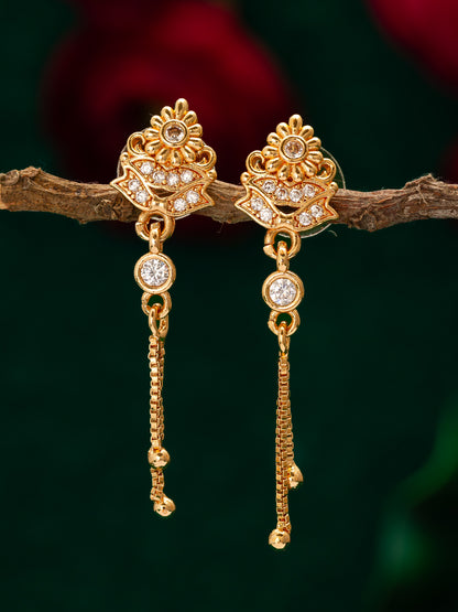 Aadita Traditional Gold Plated Patterned Drop Earrings with Hanging Chains