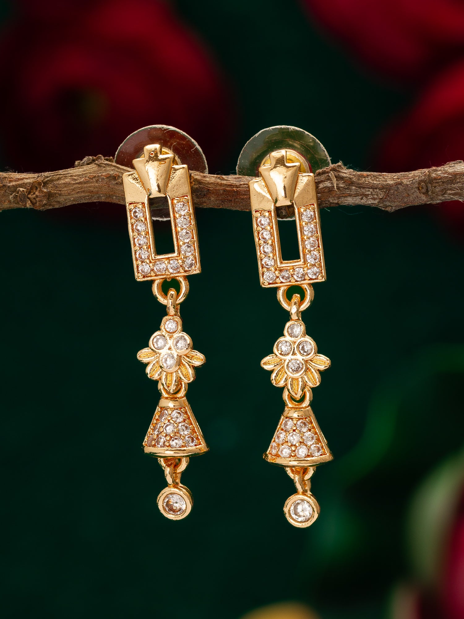 Aadita Gold Plated Geometric Drop Earrings with Stone Accents