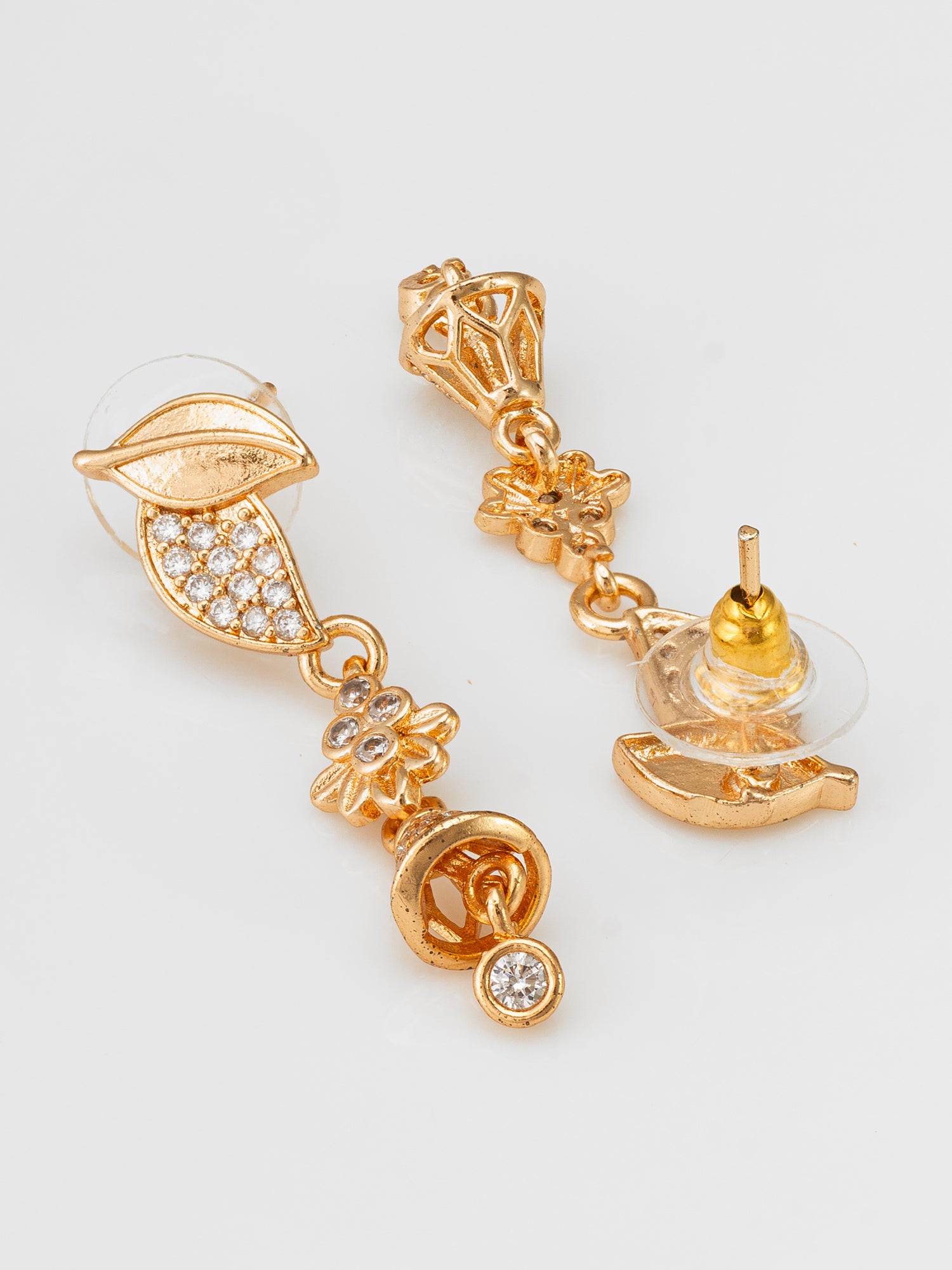 Aadita Gold Toned Floral Leaf American Diamond Drop Earrings