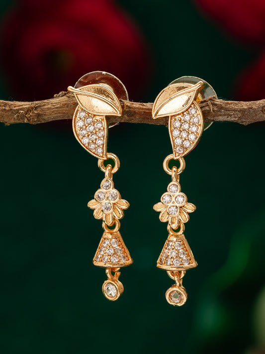 Aadita Gold Toned Floral Leaf American Diamond Drop Earrings
