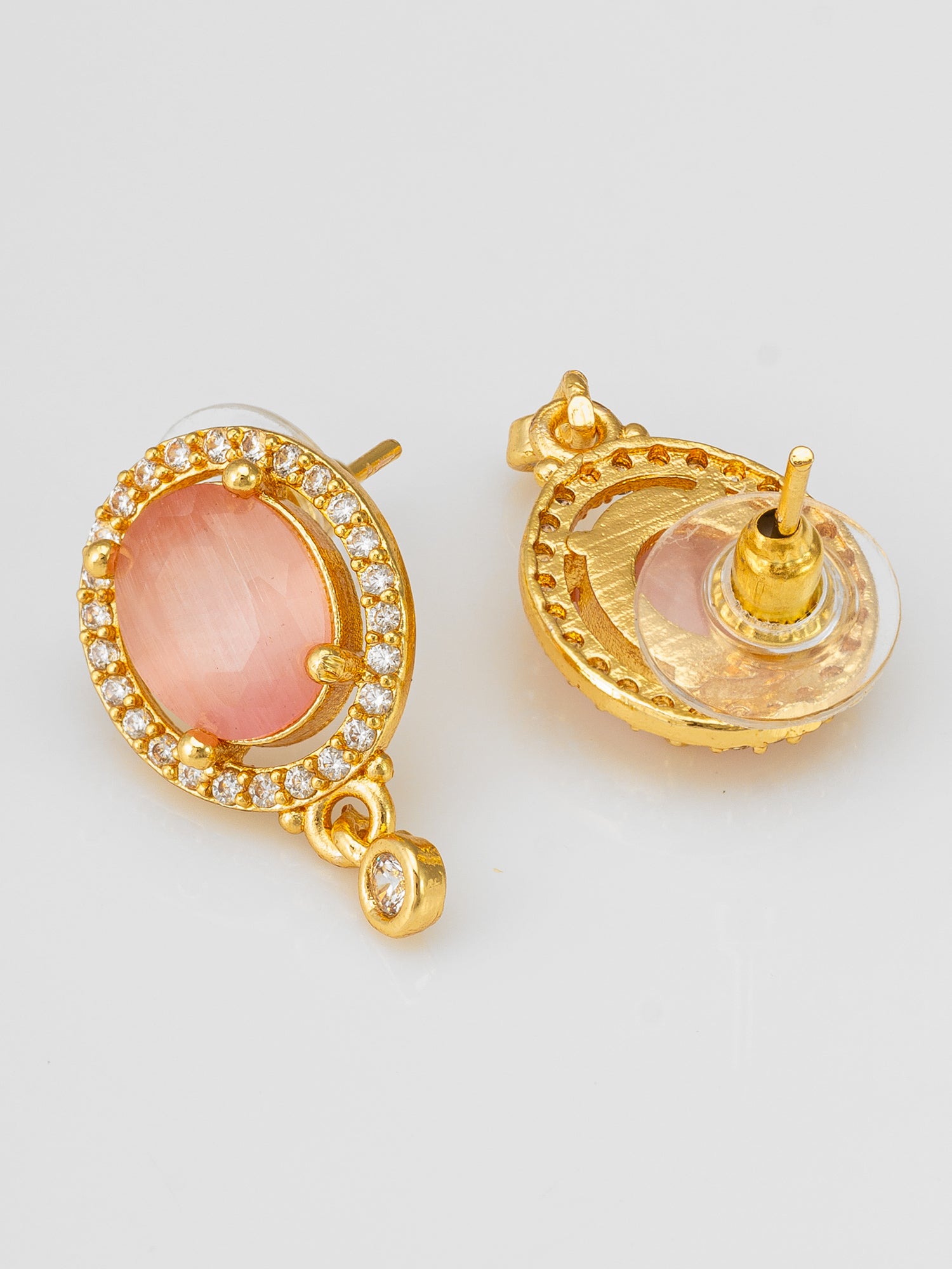 Aadita Gold Toned Peach Stone Stud Earrings with American Diamond Border