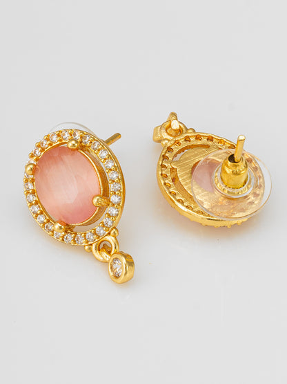 Aadita Gold Toned Peach Stone Stud Earrings with American Diamond Border