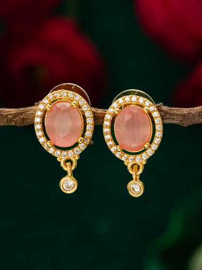 Aadita Gold Toned Peach Stone Stud Earrings with American Diamond Border