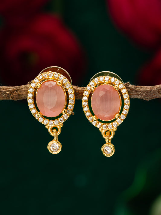 Aadita Gold Toned Peach Stone Stud Earrings with American Diamond Border