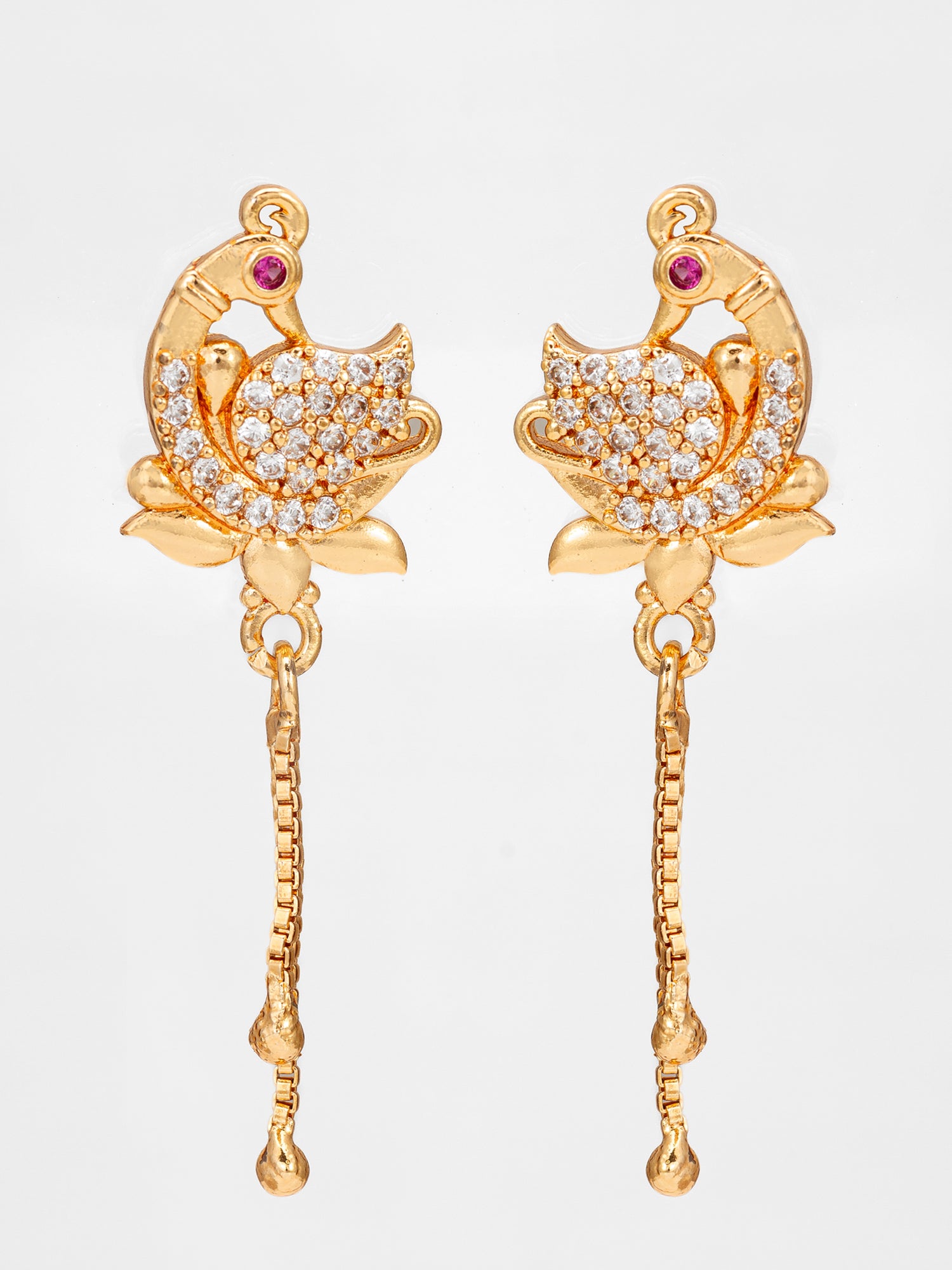 Aadita Traditional Peacock Motif American Diamond Earrings with Chain Drops
