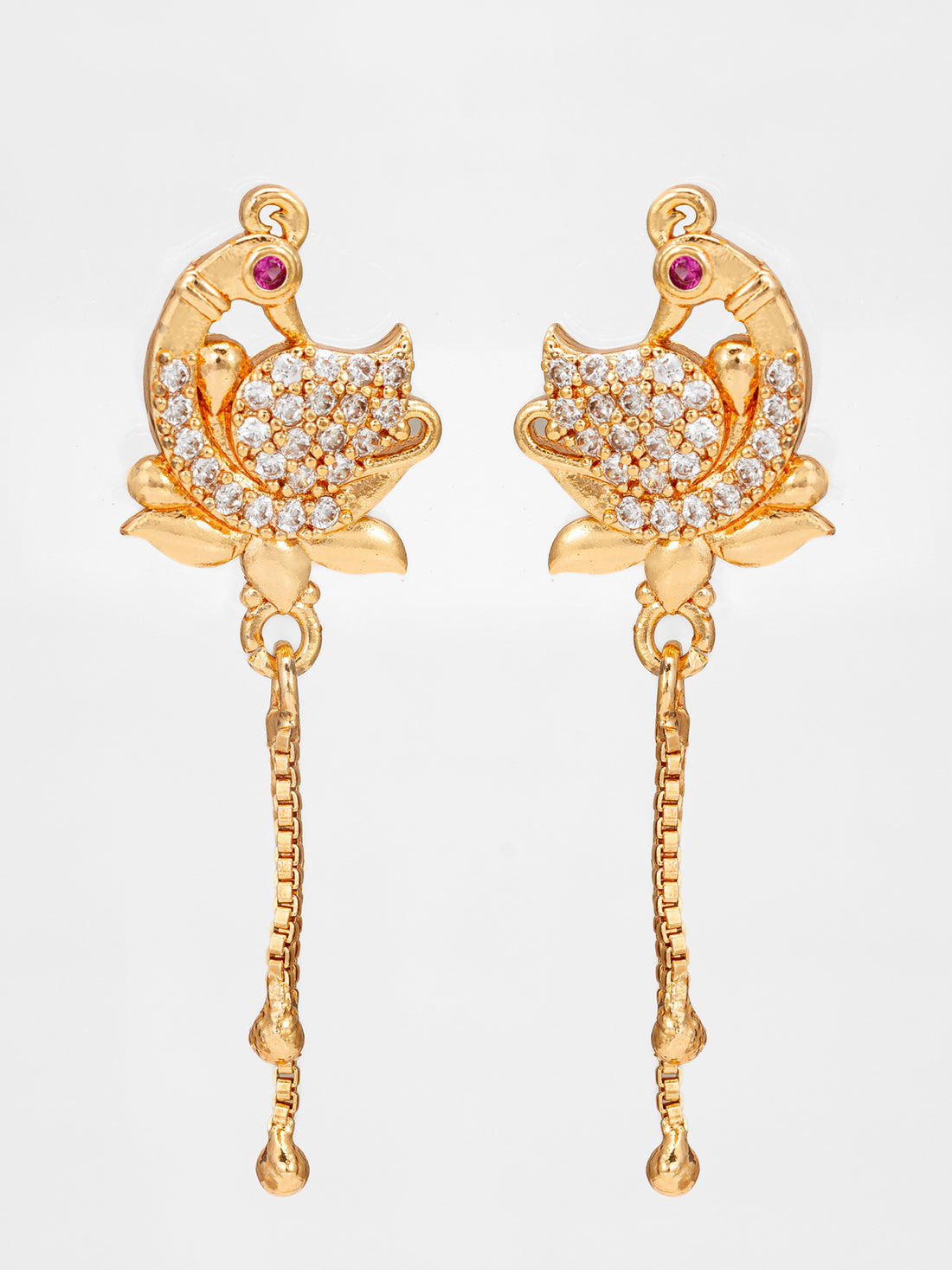 Aadita Traditional Peacock Motif American Diamond Earrings with Chain Drops
