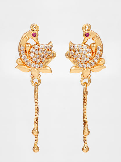 Aadita Traditional Peacock Motif American Diamond Earrings with Chain Drops