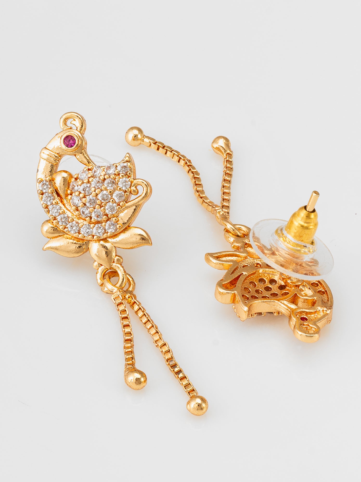 Aadita Traditional Peacock Motif American Diamond Earrings with Chain Drops