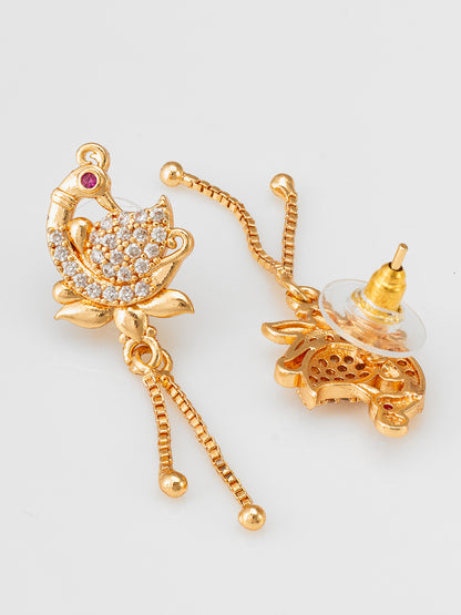 Aadita Traditional Peacock Motif American Diamond Earrings with Chain Drops