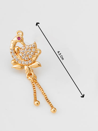 Aadita Traditional Peacock Motif American Diamond Earrings with Chain Drops