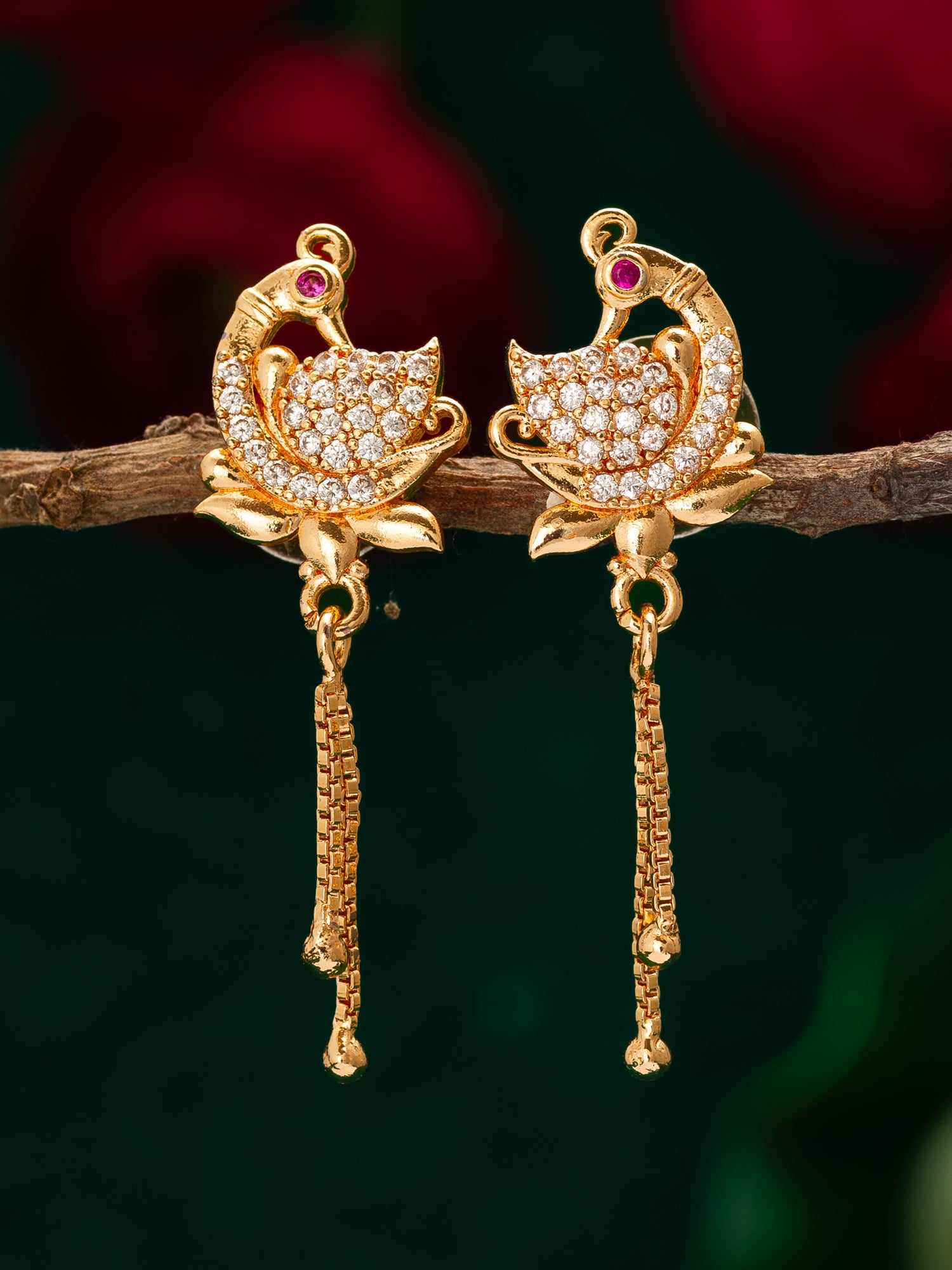 Aadita Traditional Peacock Motif American Diamond Earrings with Chain Drops