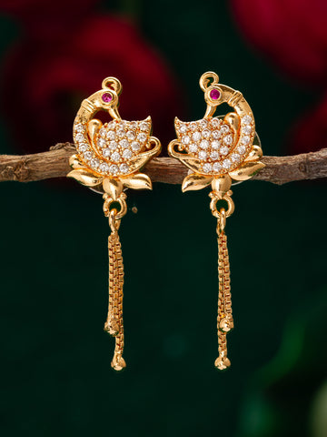 Aadita Traditional Peacock Motif American Diamond Earrings with Chain Drops