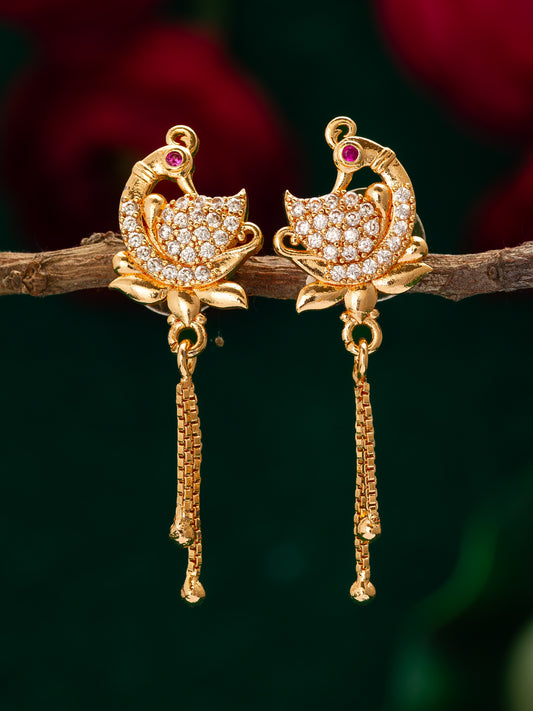 Aadita Traditional Peacock Motif American Diamond Earrings with Chain Drops