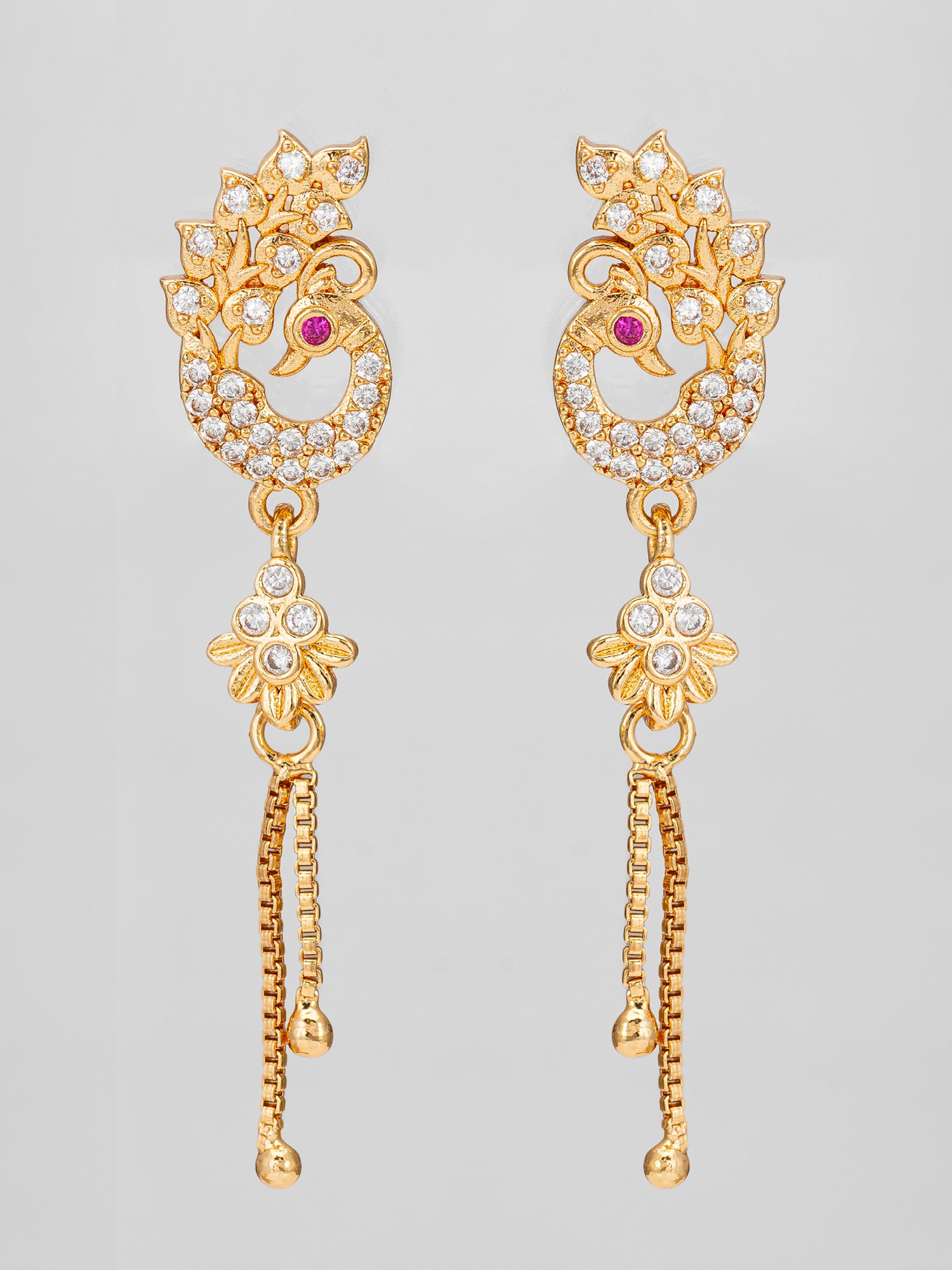 Aadita Premium Peacock Inspired Long Chain Drop American Diamond Earrings