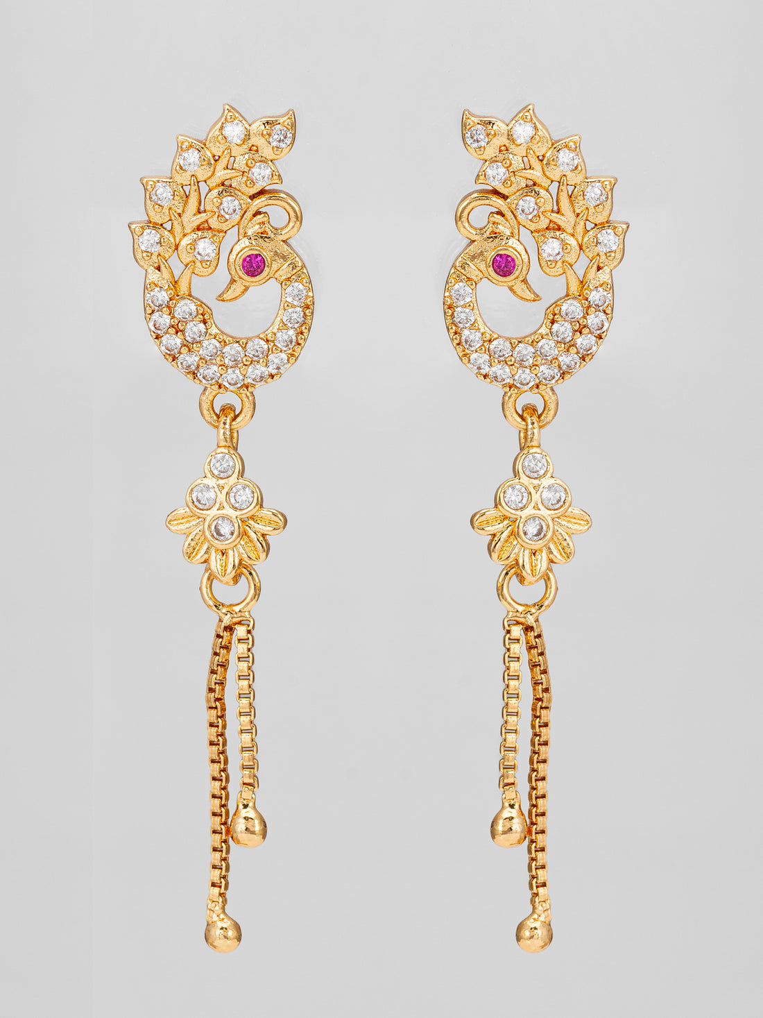 Aadita Premium Peacock Inspired Long Chain Drop American Diamond Earrings