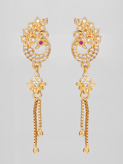 Aadita Premium Peacock Inspired Long Chain Drop American Diamond Earrings