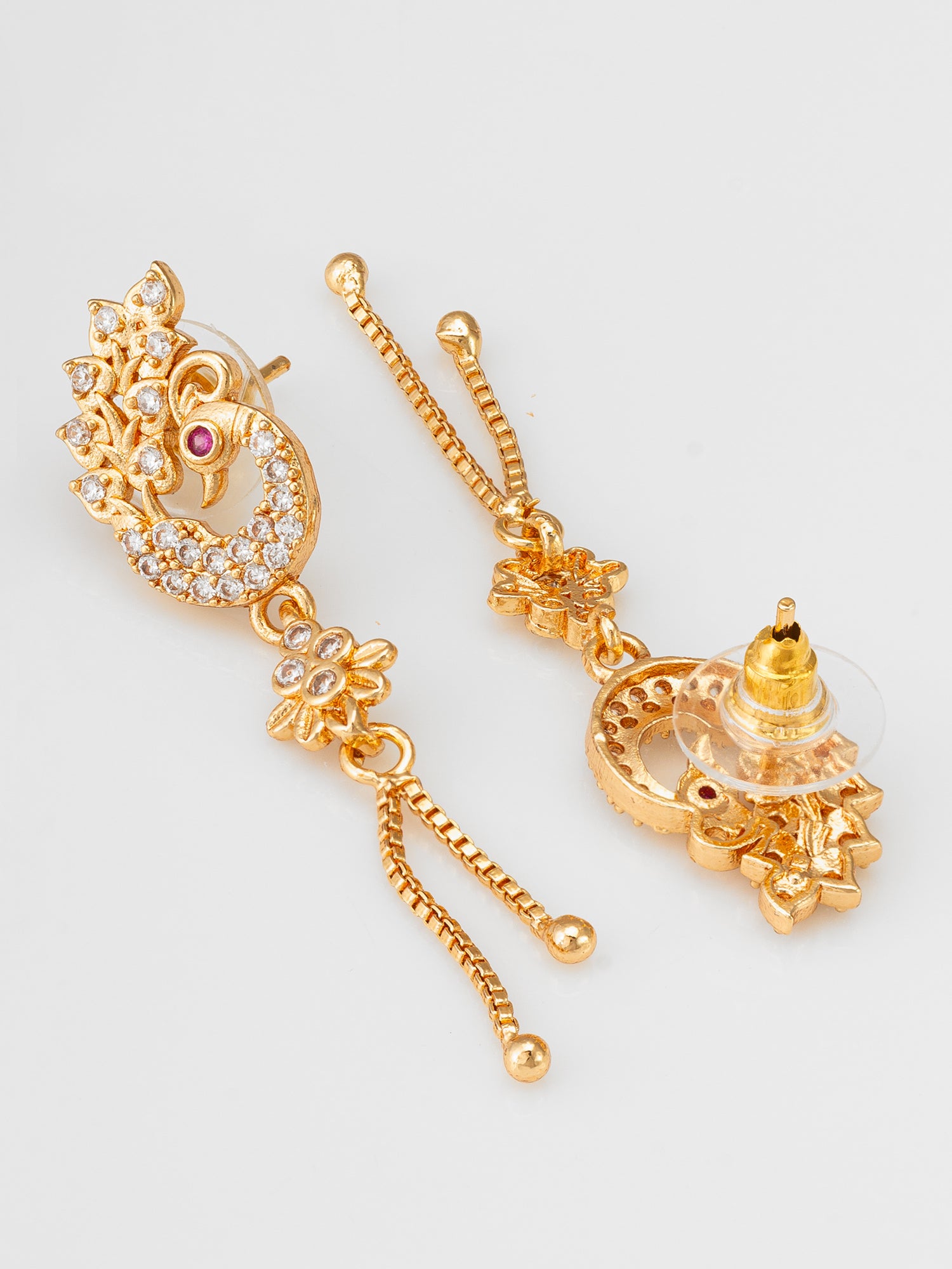 Aadita Premium Peacock Inspired Long Chain Drop American Diamond Earrings