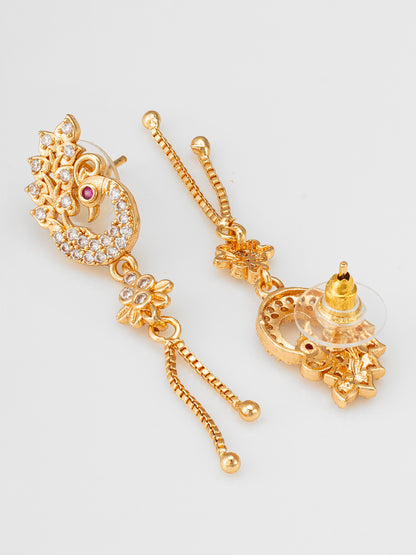 Aadita Premium Peacock Inspired Long Chain Drop American Diamond Earrings