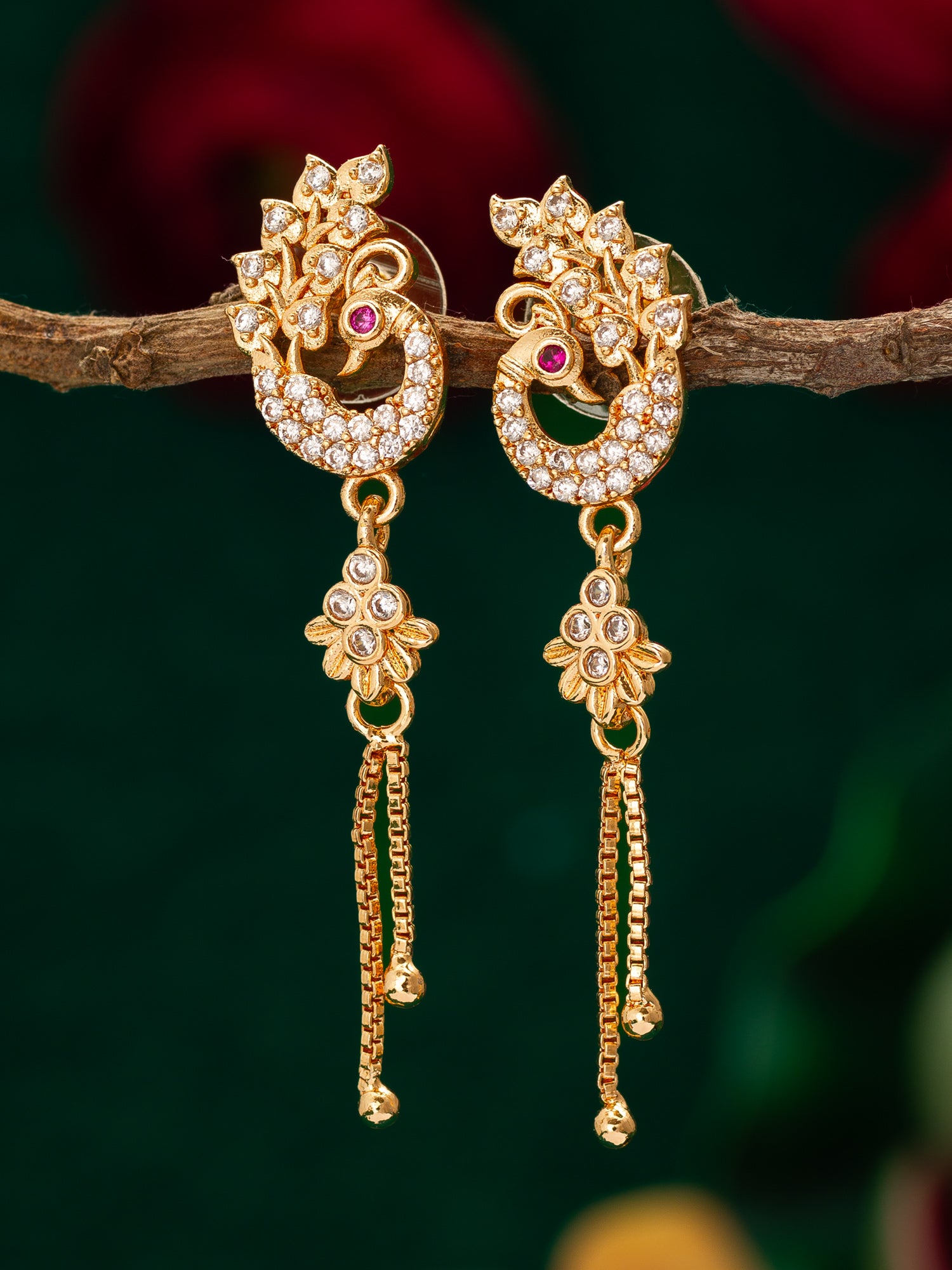 Aadita Premium Peacock Inspired Long Chain Drop American Diamond Earrings