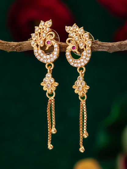 Aadita Premium Peacock Inspired Long Chain Drop American Diamond Earrings