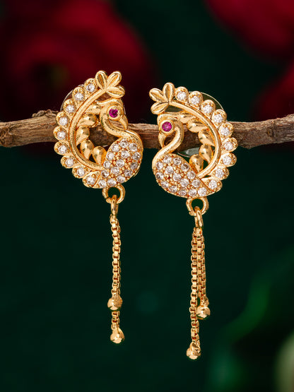 Aadita Exquisite Curved Peacock Design American Diamond Earrings