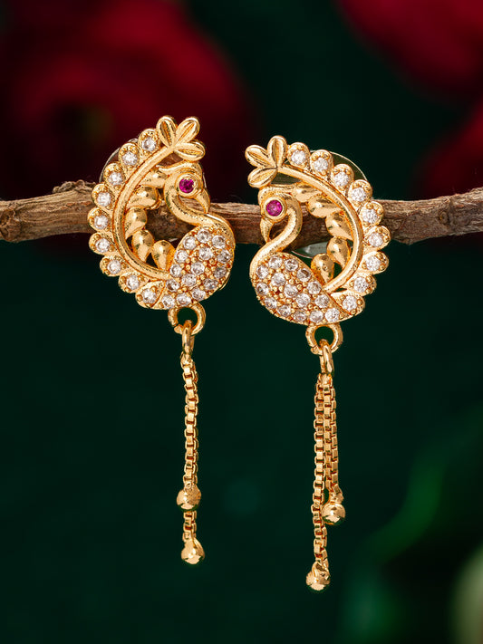 Aadita Exquisite Curved Peacock Design American Diamond Earrings