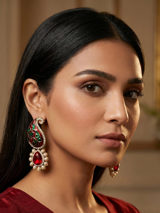 Aadita Gold-Toned Meenakari Drop Earrings with Crystal and Pearl Pendant