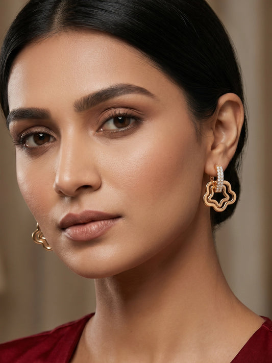 Aadita Gold-Toned Double Floral Drop Earrings with Crystal-Set Huggie Hoop