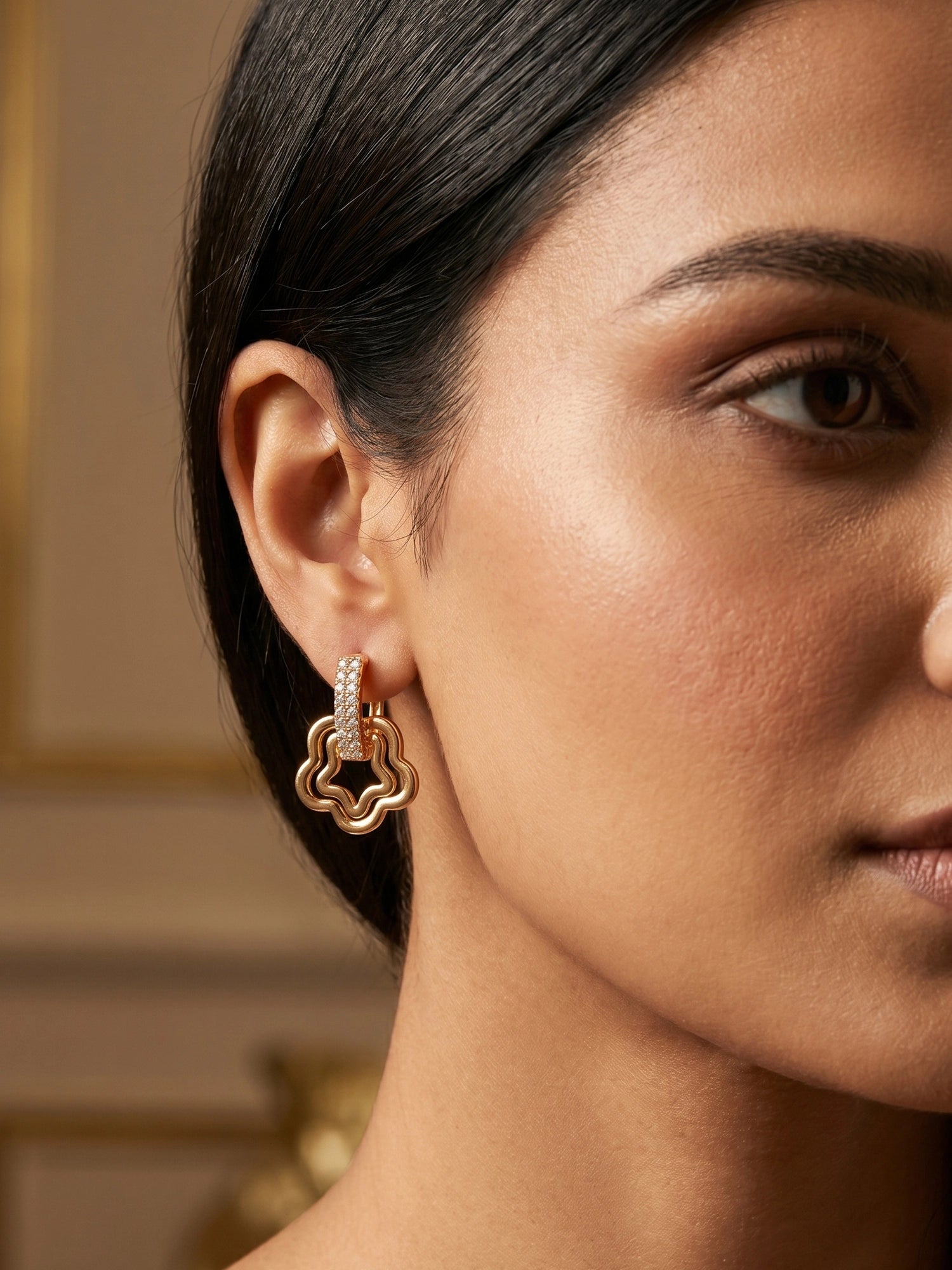 Aadita Gold-Toned Double Floral Drop Earrings with Crystal-Set Huggie Hoop