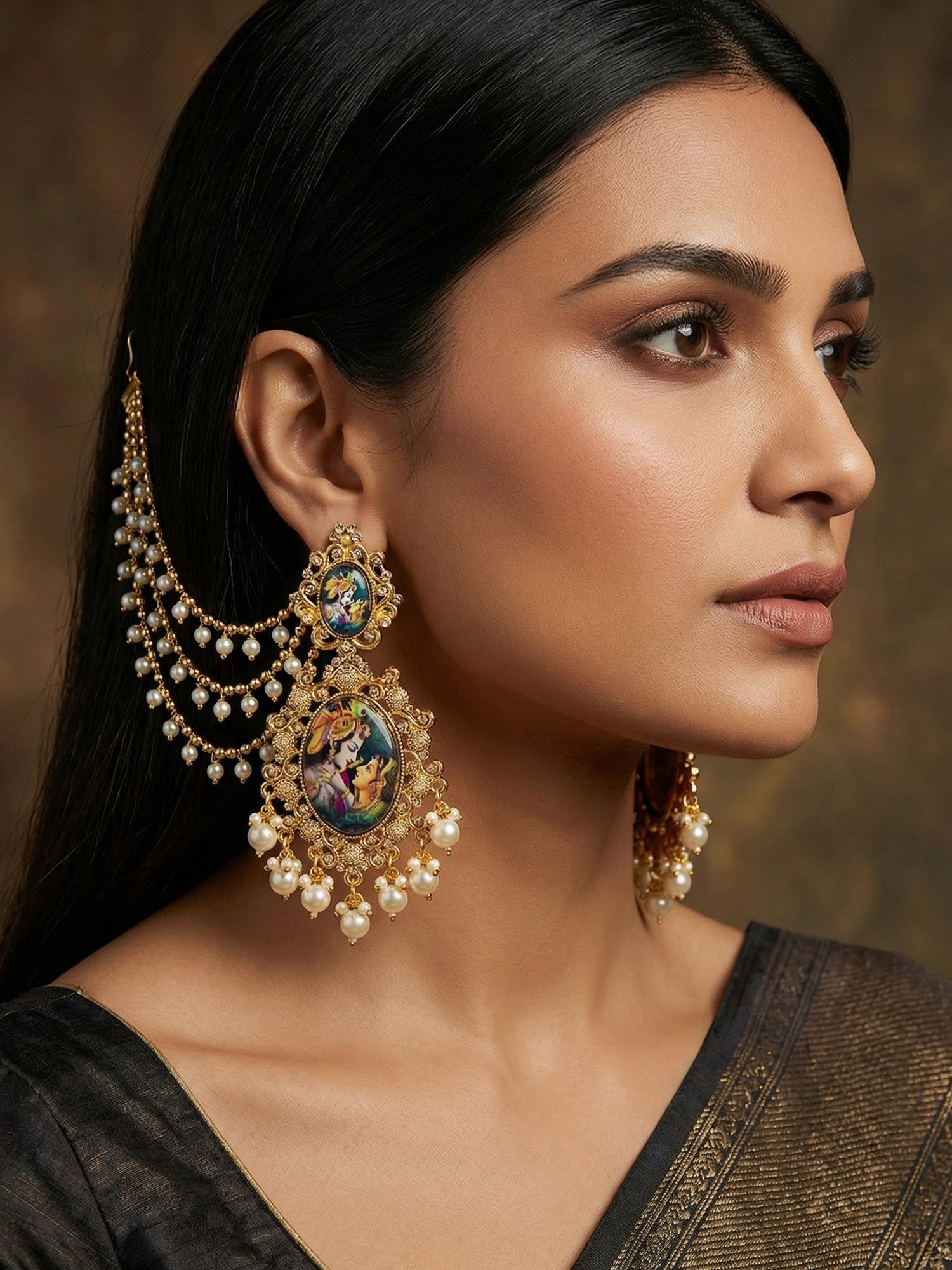 Aadita Wedding Special Gold Plated Radha Krishna Hand Painted Drop Bahubali Earrings with Ear Chains
