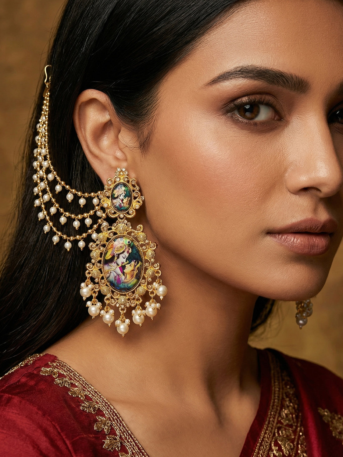 Aadita Wedding Special Gold Plated Radha Krishna Hand Painted Drop Bahubali Earrings with Ear Chains
