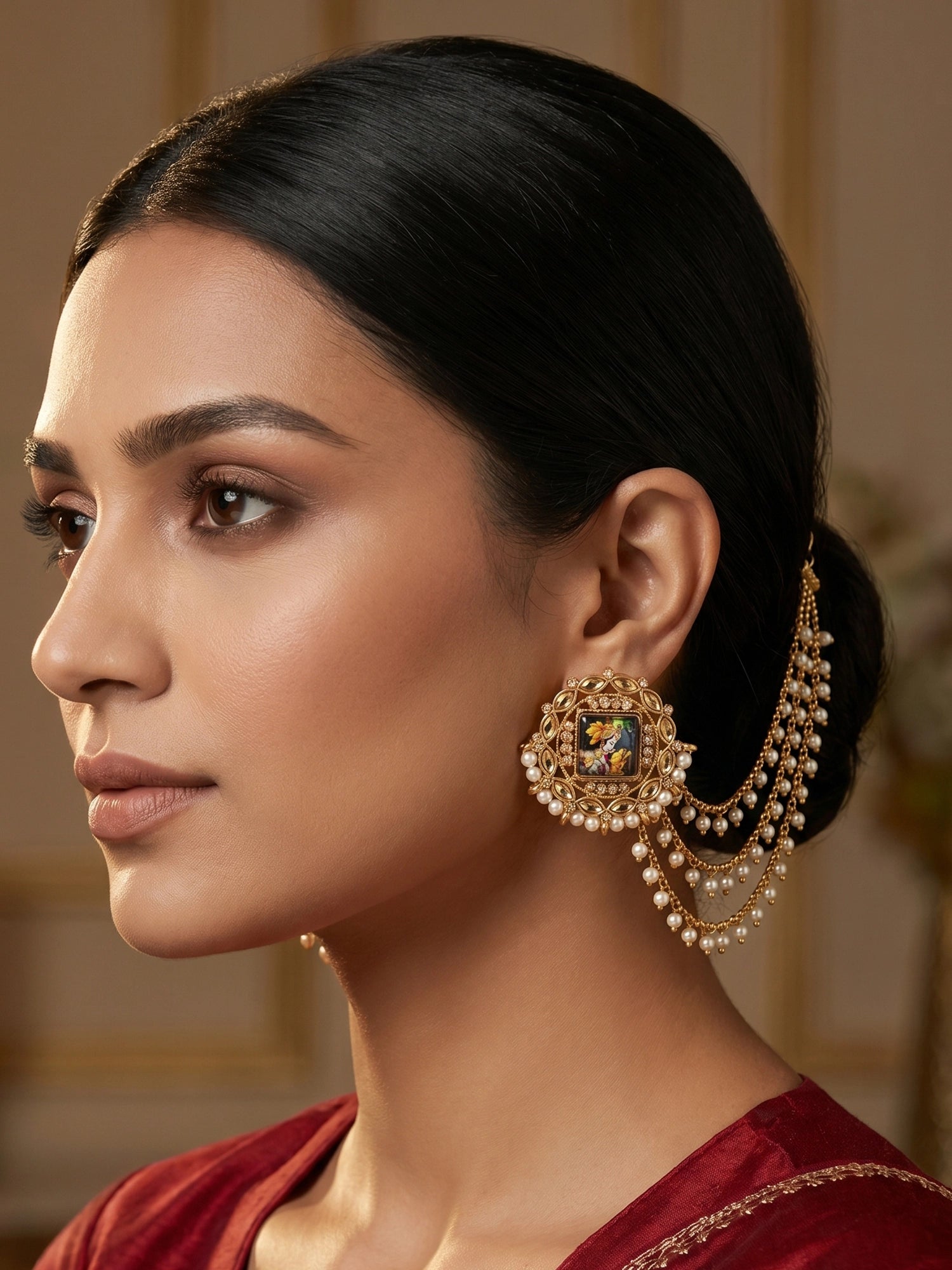 Aadita Radha Krishna Minakari Kundan Stud Bahubali Earrings with Pearl Chain