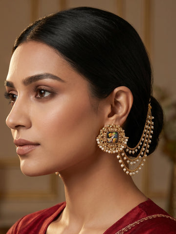 Aadita Radha Krishna Minakari Kundan Stud Bahubali Earrings with Pearl Chain