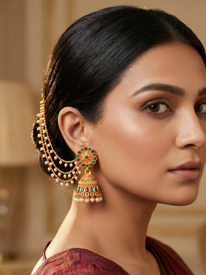Aadita Antique Gold Bahubali Jhumka Earrings with Stones, Pearl Drops and Multi-Strand Hair Chain