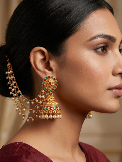 Aadita Antique Gold Bahubali Jhumka Earrings with Stones, Pearl Drops and Multi-Strand Hair Chain