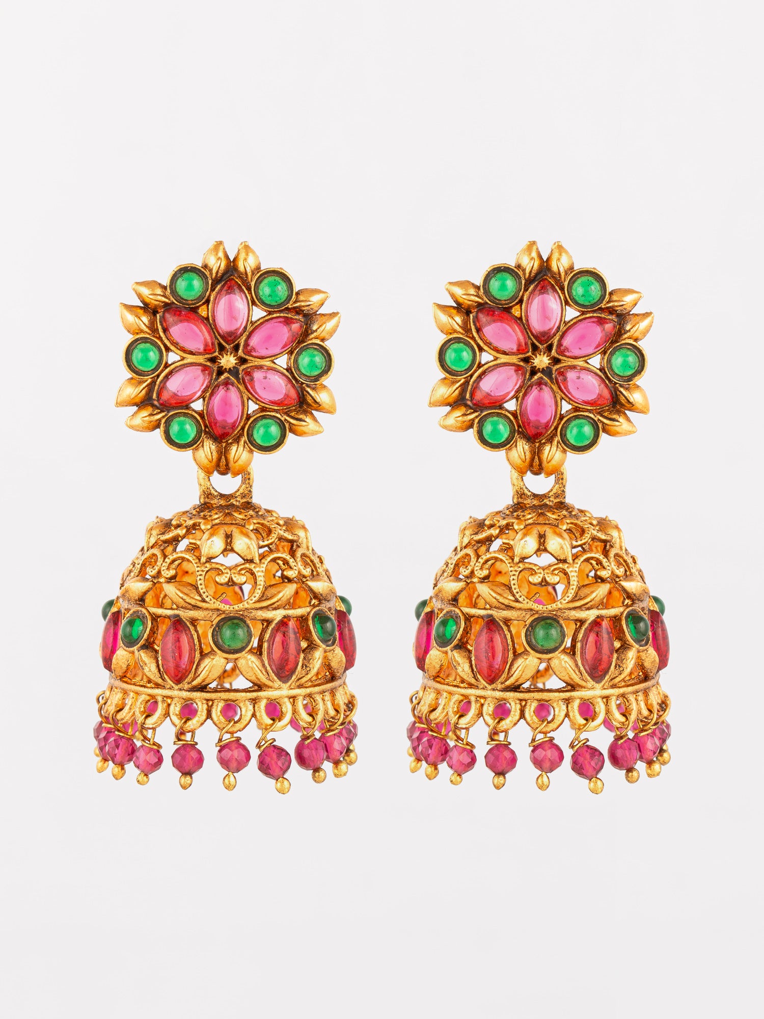 Aadita Traditional Gold-Tone Kundan Jhumka Earrings with Pink and Green Stones
