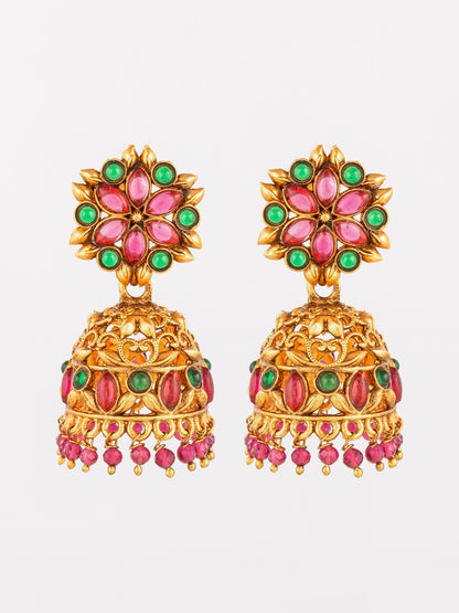 Aadita Traditional Gold-Tone Kundan Jhumka Earrings with Pink and Green Stones