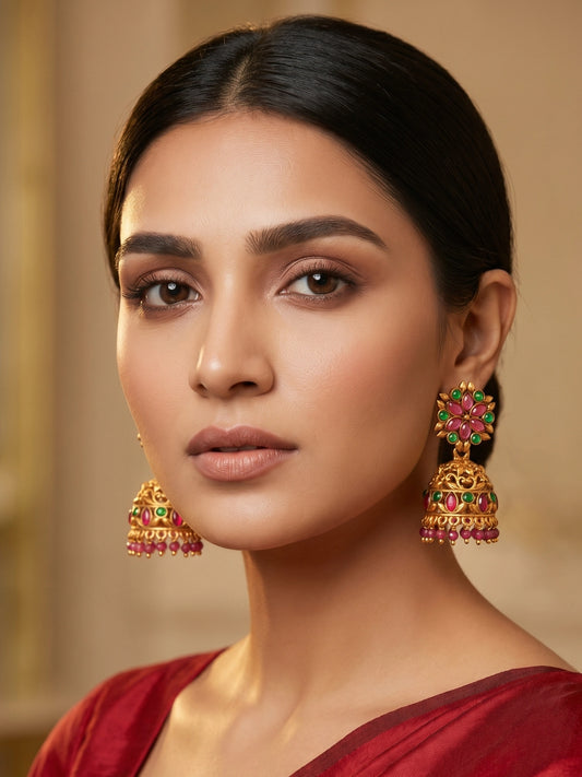 Aadita Traditional Gold-Tone Kundan Jhumka Earrings with Pink and Green Stones