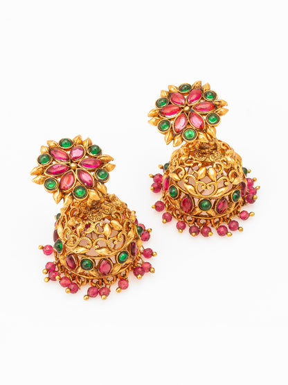 Aadita Traditional Gold-Tone Kundan Jhumka Earrings with Pink and Green Stones