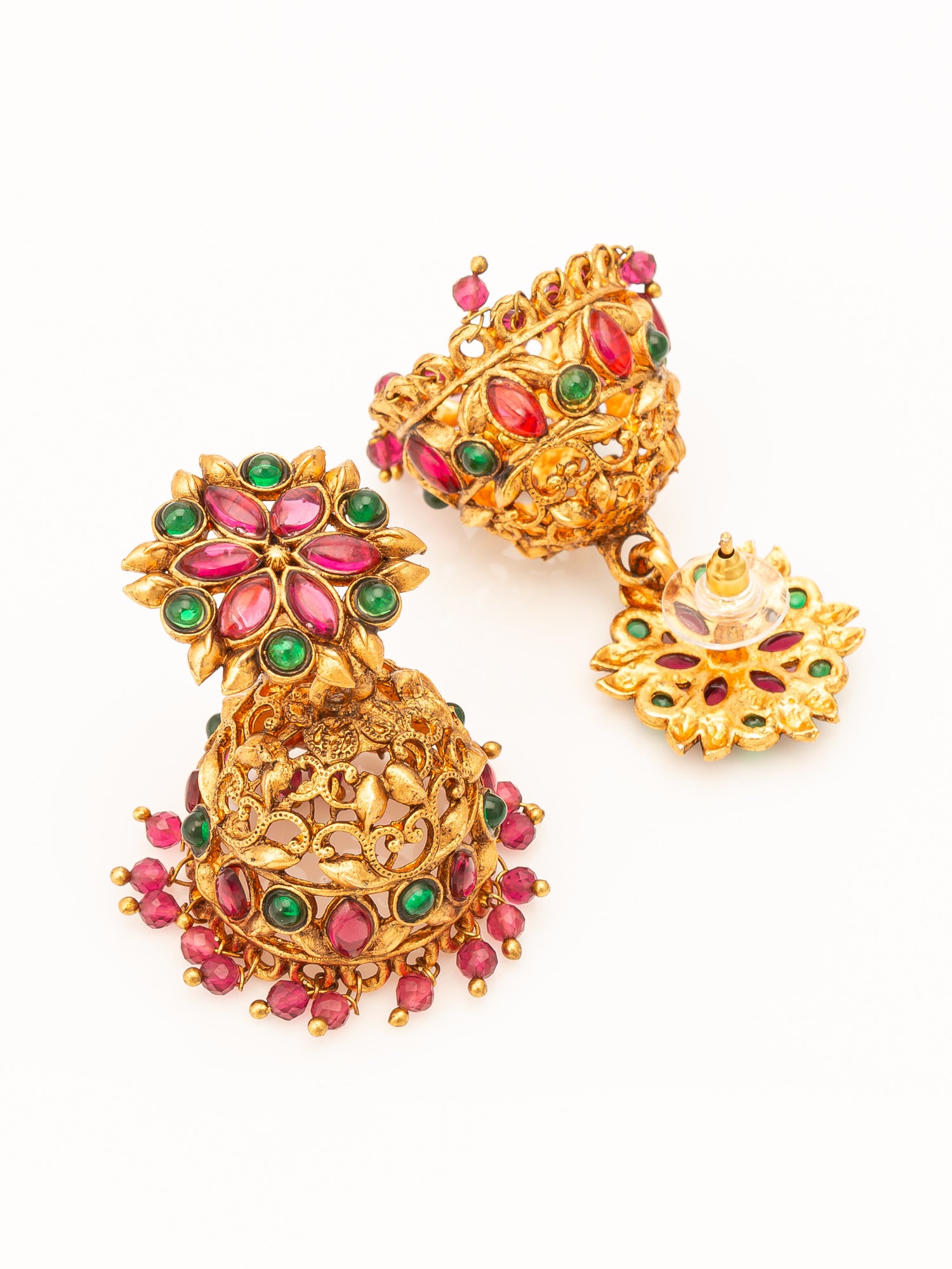 Aadita Traditional Gold-Tone Kundan Jhumka Earrings with Pink and Green Stones