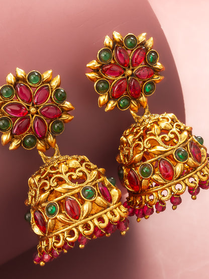 Aadita Traditional Gold-Tone Kundan Jhumka Earrings with Pink and Green Stones