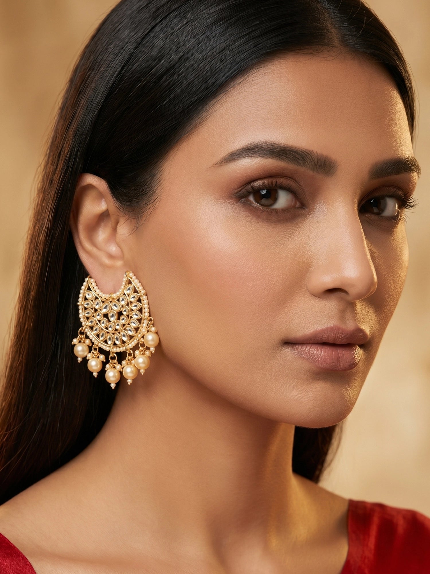 Aadita Gold Plated Kundan Chandbali Pearl Drop Earrings