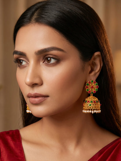 Aadita Gold Plated Traditional Jhumka Earrings with Red and Green Stones
