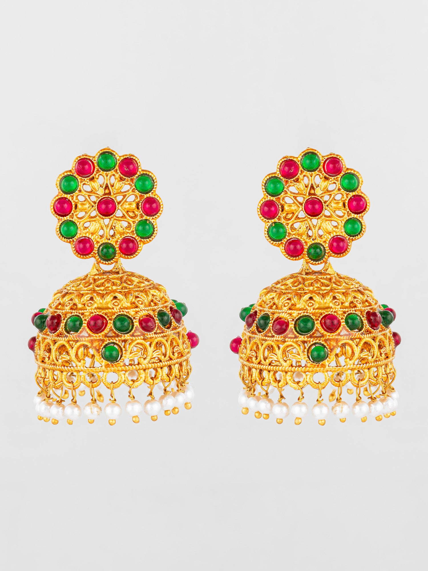 Aadita Gold Plated Traditional Jhumka Earrings with Red and Green Stones