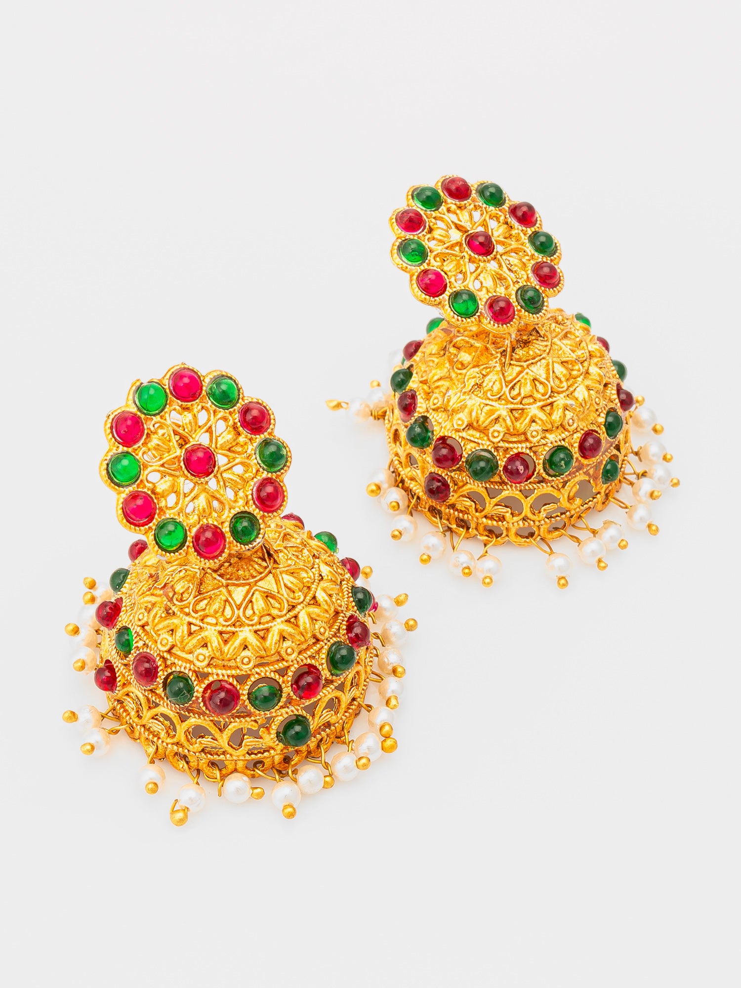 Aadita Gold Plated Traditional Jhumka Earrings with Red and Green Stones