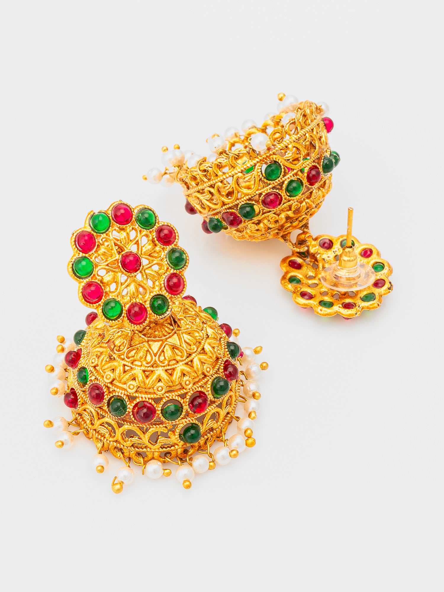 Aadita Gold Plated Traditional Jhumka Earrings with Red and Green Stones