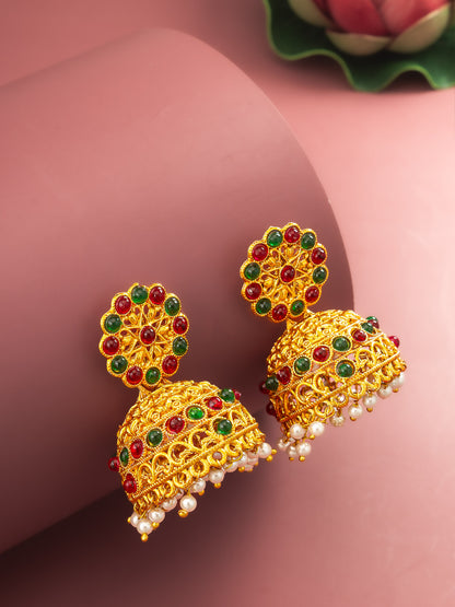 Aadita Gold Plated Traditional Jhumka Earrings with Red and Green Stones